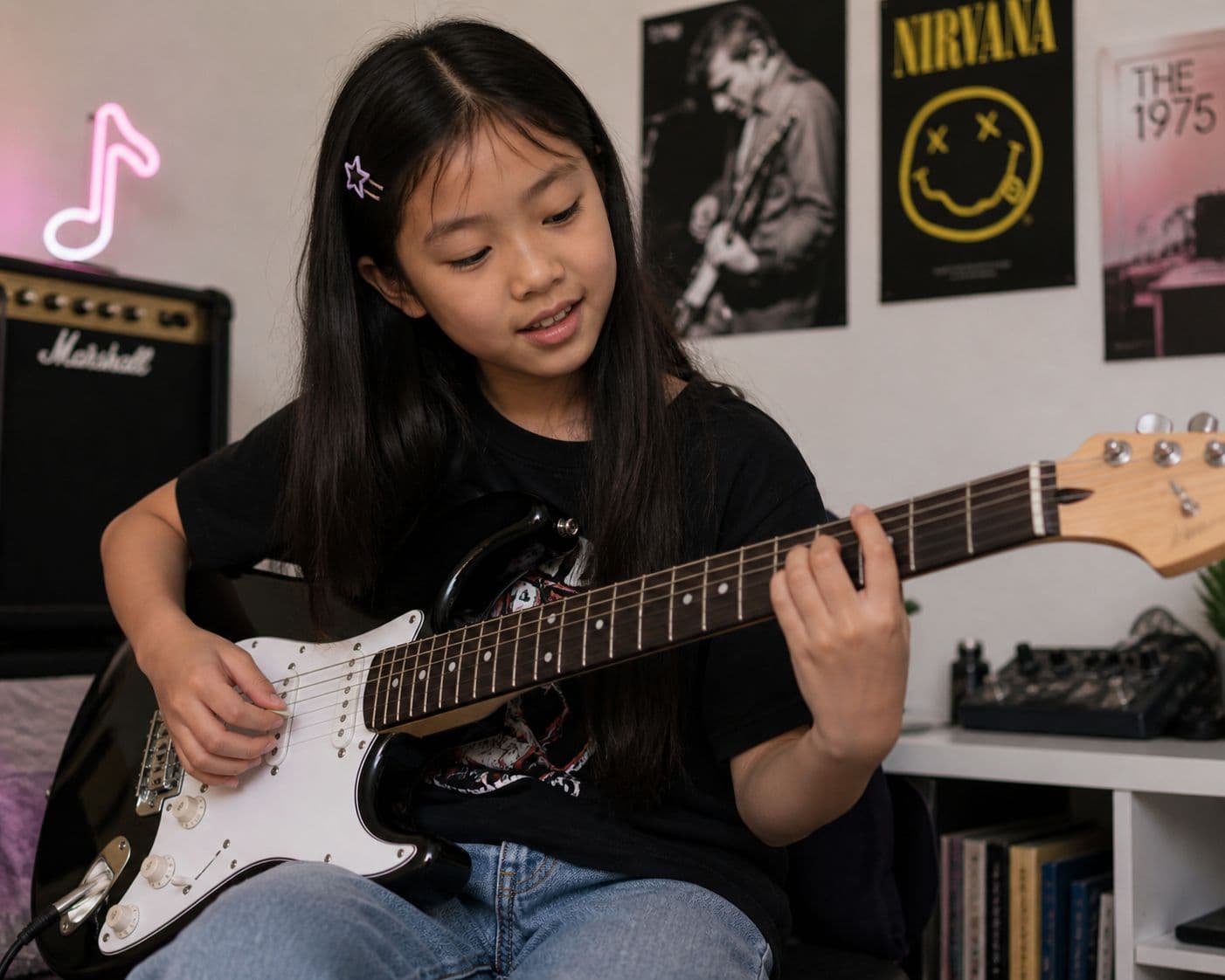 Child playing electric guitar at CogniMusica