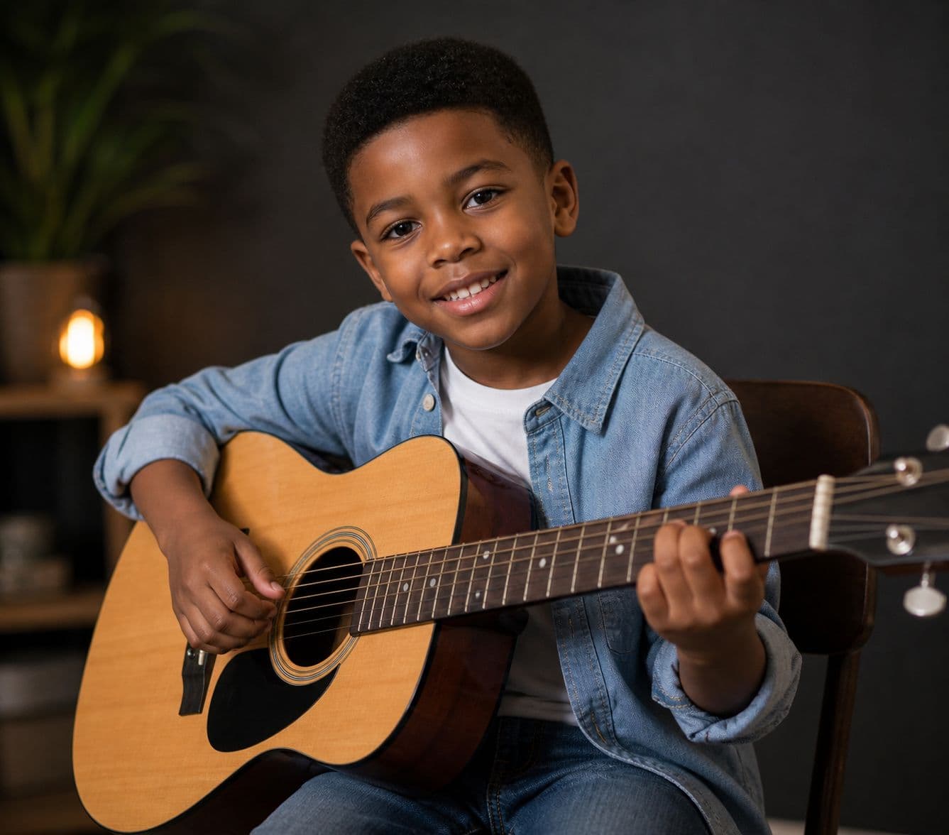Child playing guitar at CogniMusica